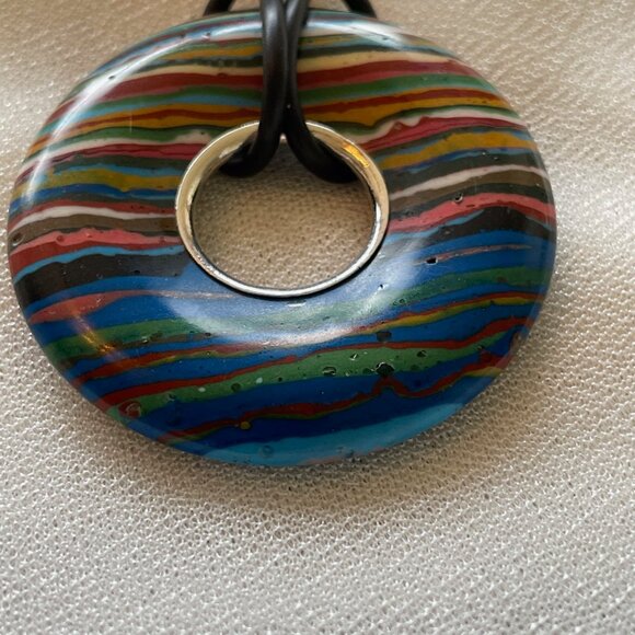 Jay King Rainbow Calsillica reversible Disk Necklace on leather adjustable cord - Picture 8 of 11